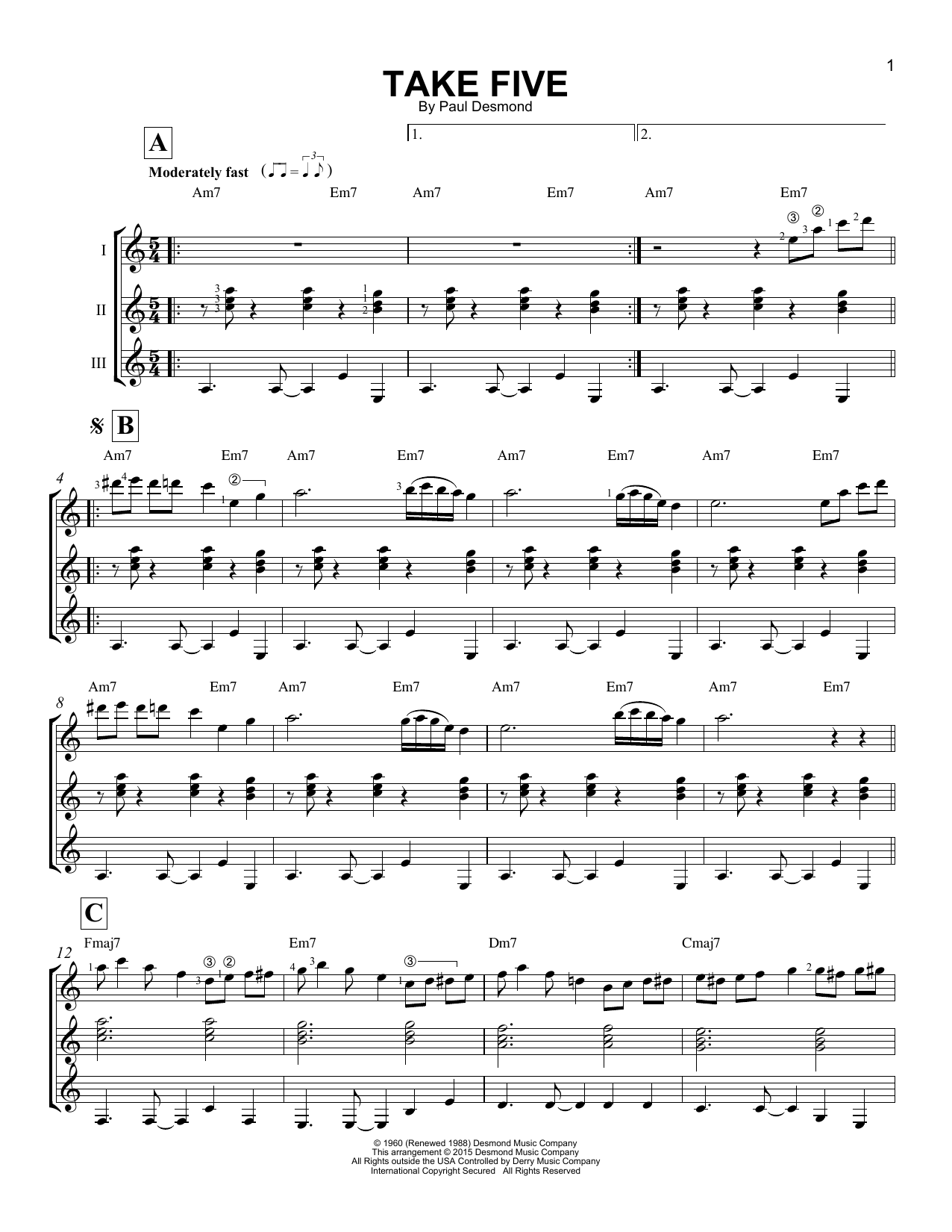 Paul Desmond Take Five sheet music notes and chords arranged for Very Easy Piano
