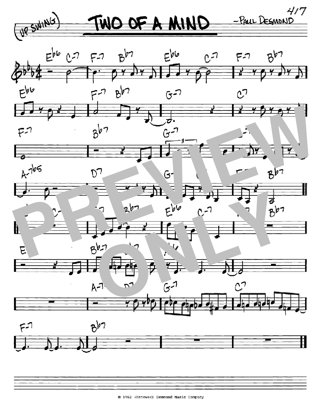 Paul Desmond Two Of A Mind sheet music notes and chords arranged for Real Book – Melody & Chords – C Instruments