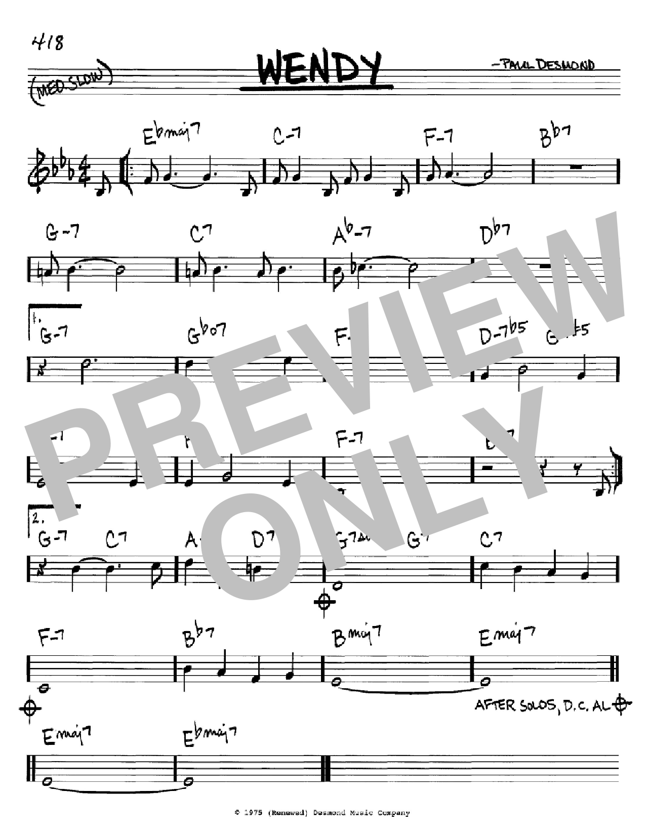 Paul Desmond Wendy sheet music notes and chords arranged for Real Book – Melody & Chords – C Instruments