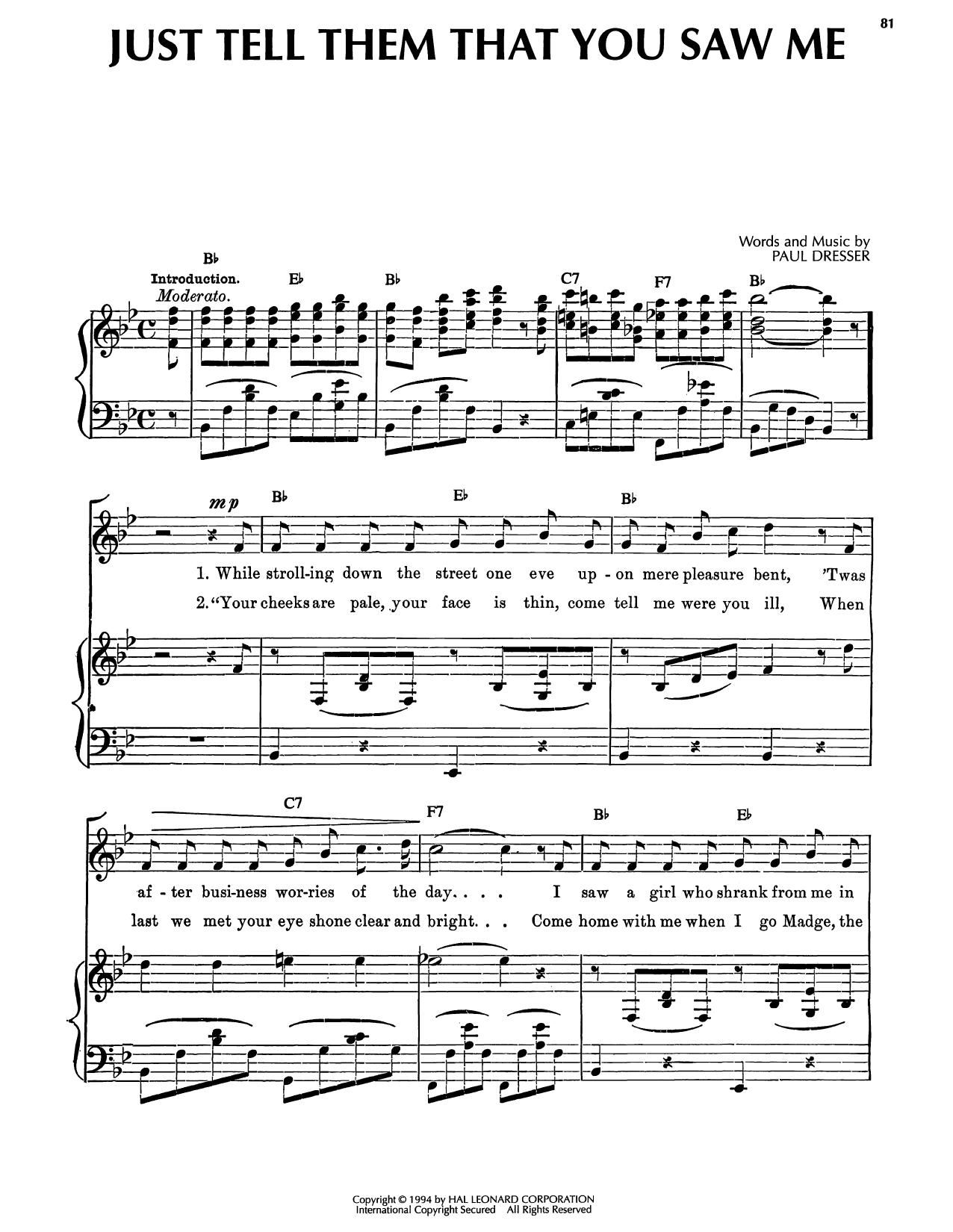 Paul Dresser Just Tell Them That You Saw Me sheet music notes and chords arranged for Piano, Vocal & Guitar Chords (Right-Hand Melody)
