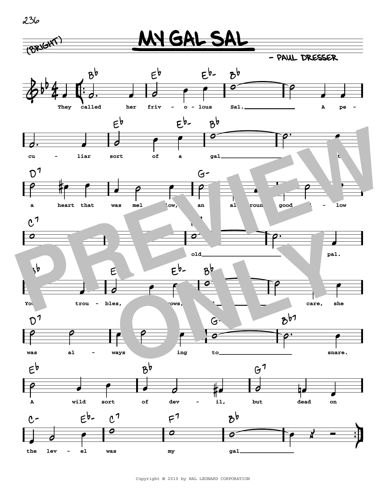Paul Dresser My Gal Sal (arr. Robert Rawlins) sheet music notes and chords arranged for Real Book – Melody, Lyrics & Chords