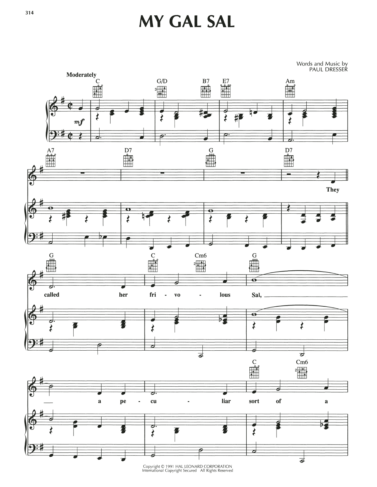 Paul Dresser My Gal Sal sheet music notes and chords arranged for Piano, Vocal & Guitar Chords (Right-Hand Melody)