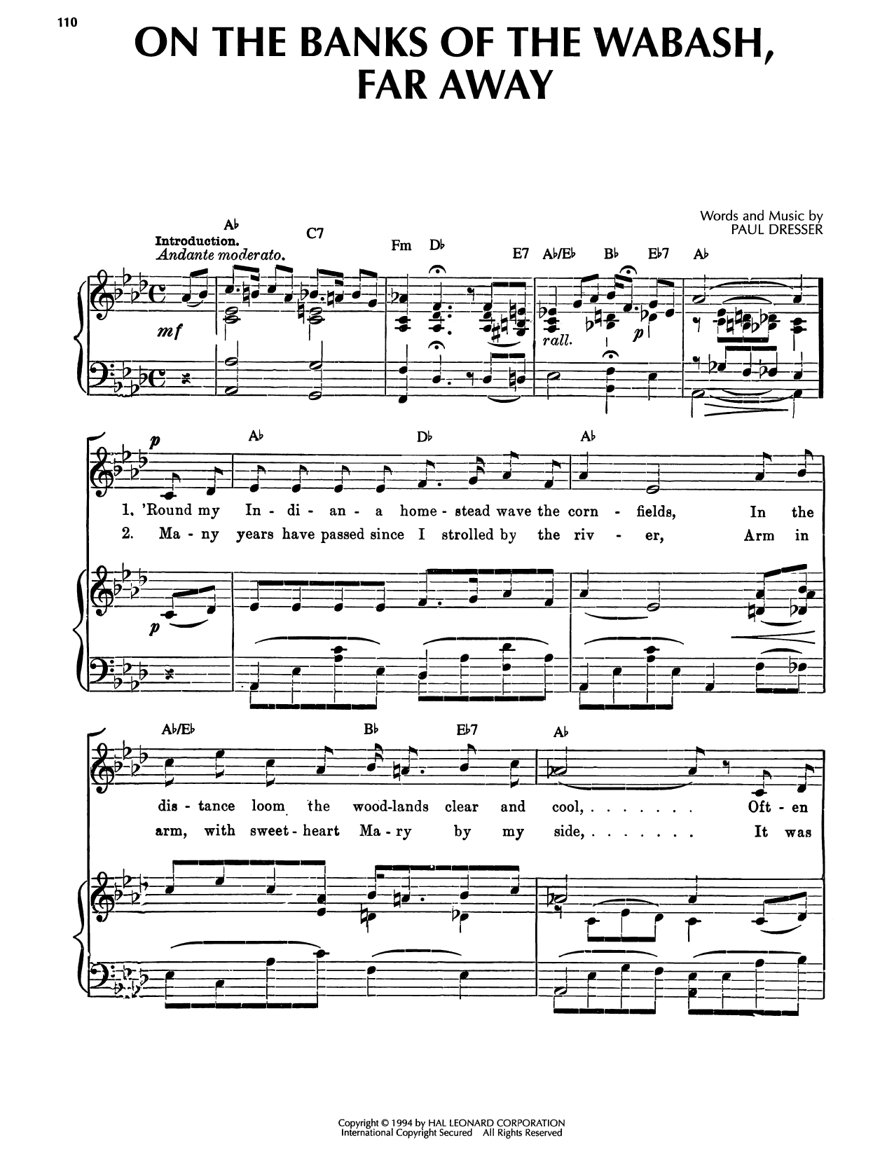 Paul Dresser On The Banks Of The Wabash, Far Away sheet music notes and chords arranged for Piano, Vocal & Guitar Chords (Right-Hand Melody)