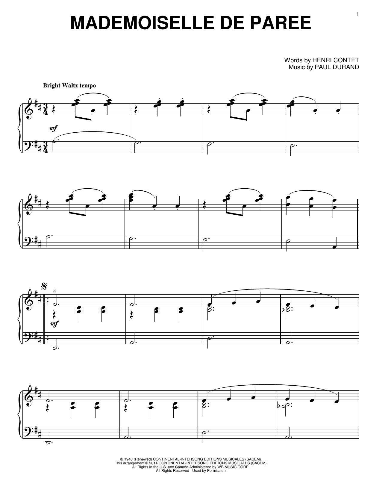 Paul Durand Mademoiselle De Paree sheet music notes and chords arranged for Piano Solo
