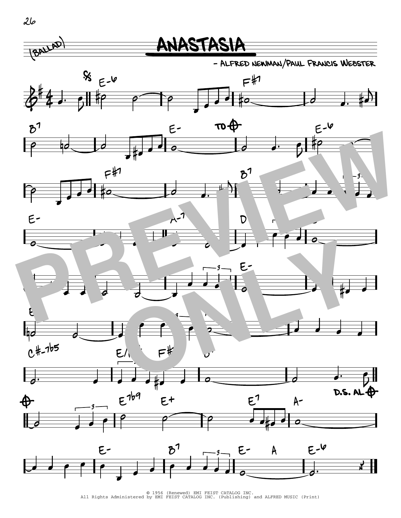 Paul Francis Webster and Alfred Newman Anastasia sheet music notes and chords arranged for Real Book – Melody & Chords