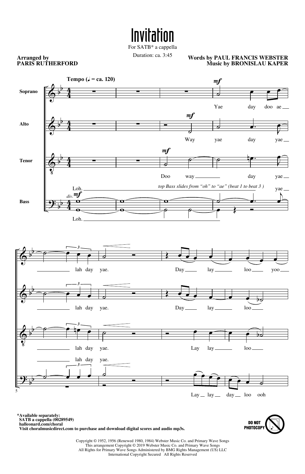 Paul Francis Webster and Bronislau Kaper Invitation (arr. Paris Rutherford) sheet music notes and chords arranged for SATB Choir