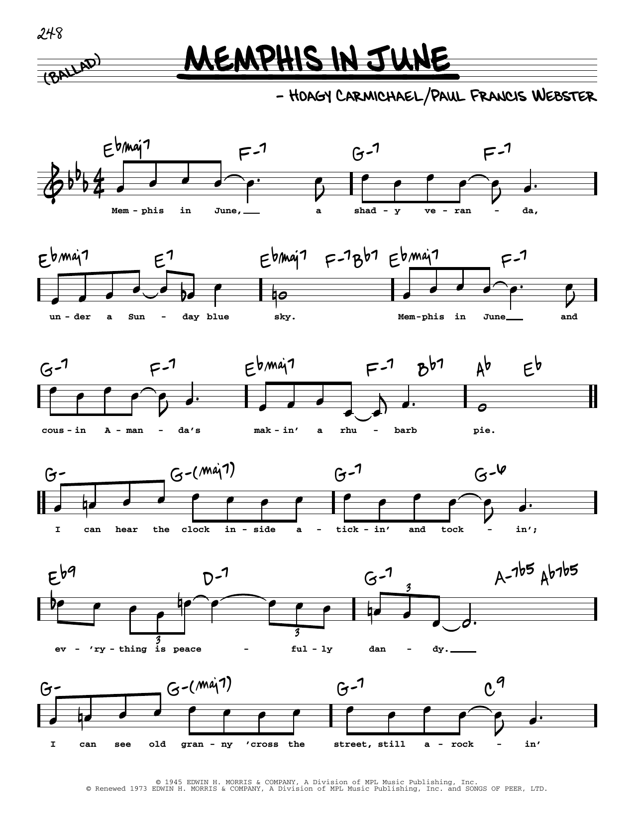 Paul Francis Webster and Hoagy Carmichael Memphis In June (High Voice) (from Johnny Angel) sheet music notes and chords arranged for Real Book – Melody, Lyrics & Chords
