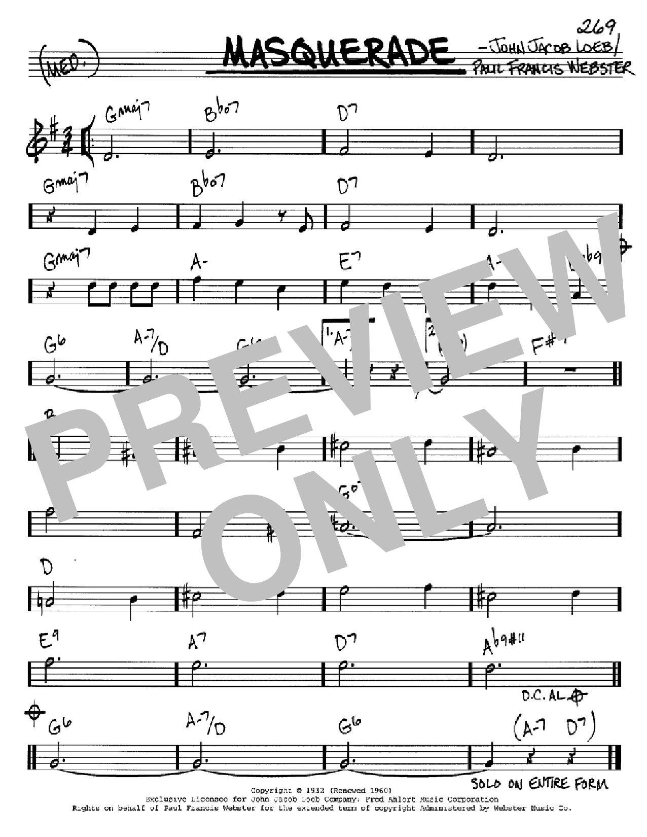 Paul Francis Webster Masquerade sheet music notes and chords arranged for Real Book – Melody, Lyrics & Chords