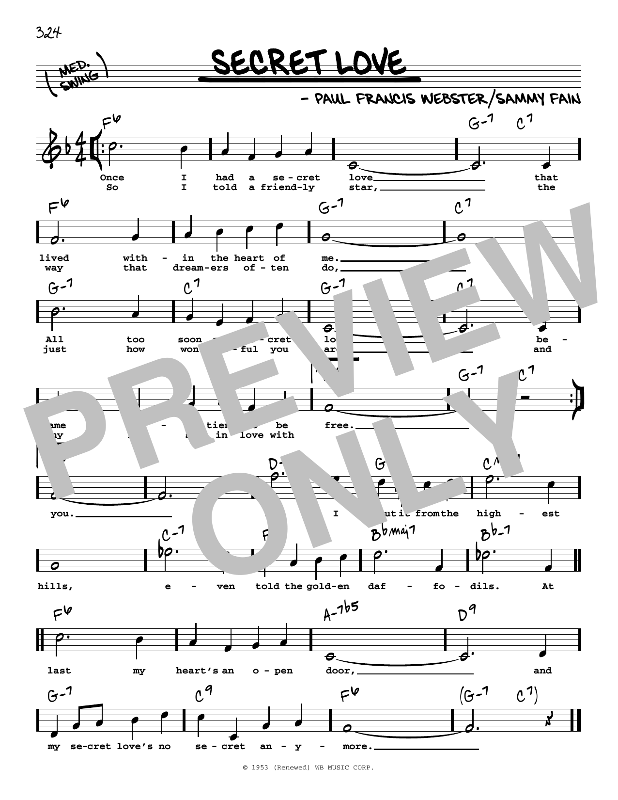 Paul Francis Webster Secret Love (High Voice) sheet music notes and chords arranged for Real Book – Melody, Lyrics & Chords