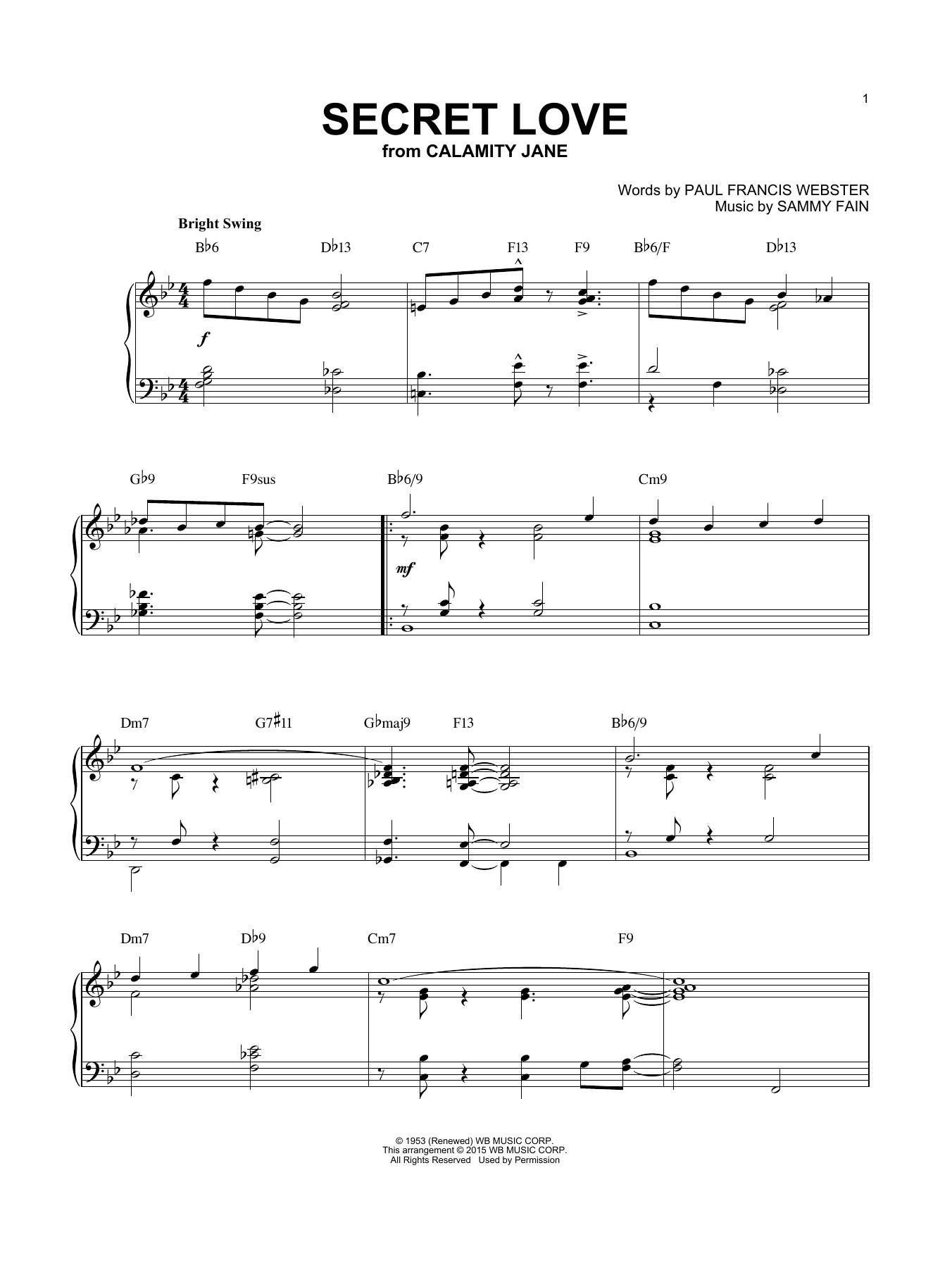 Paul Francis Webster Secret Love [Jazz version] (arr. Brent Edstrom) sheet music notes and chords arranged for Piano Solo