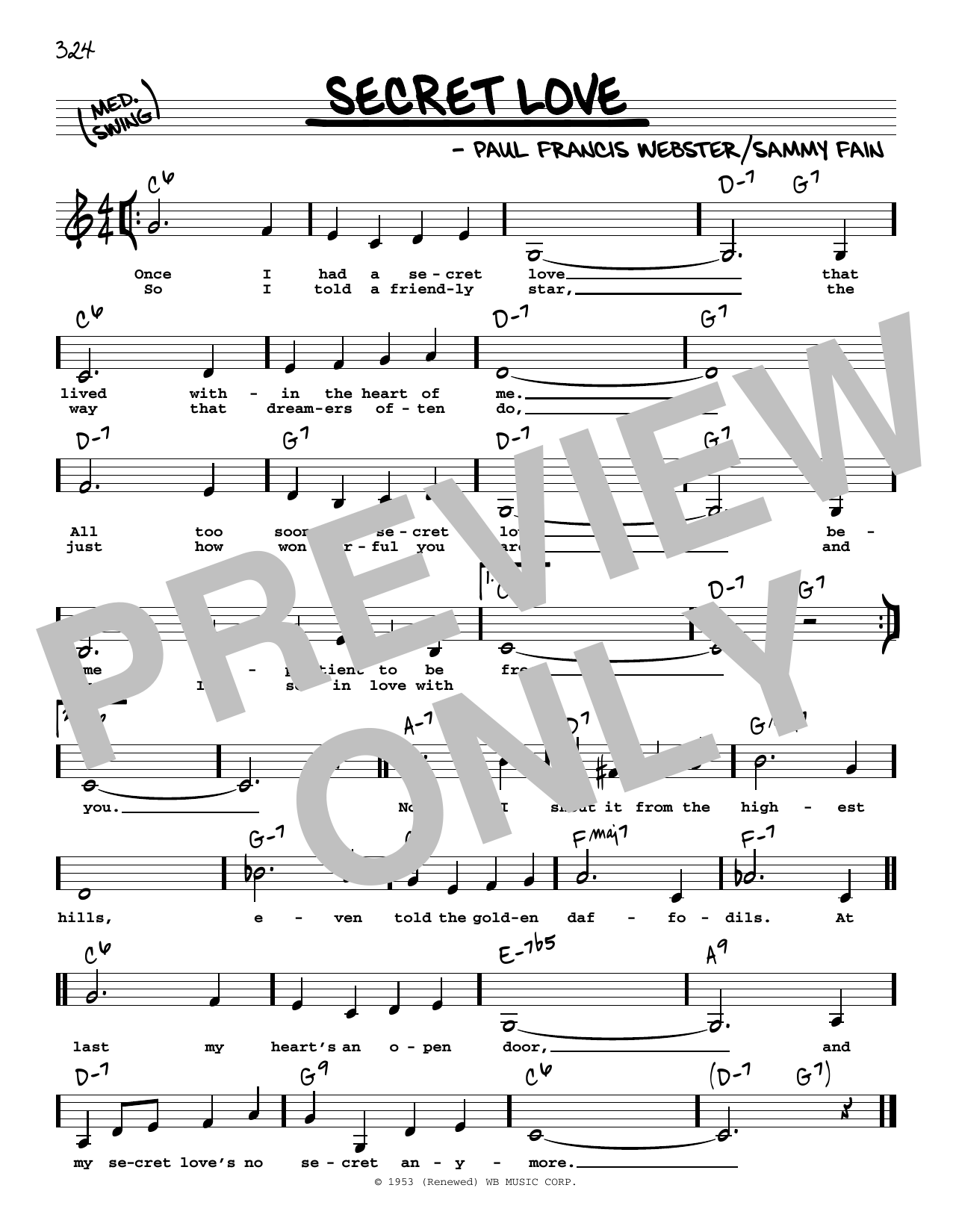 Paul Francis Webster Secret Love (Low Voice) sheet music notes and chords arranged for Real Book – Melody, Lyrics & Chords