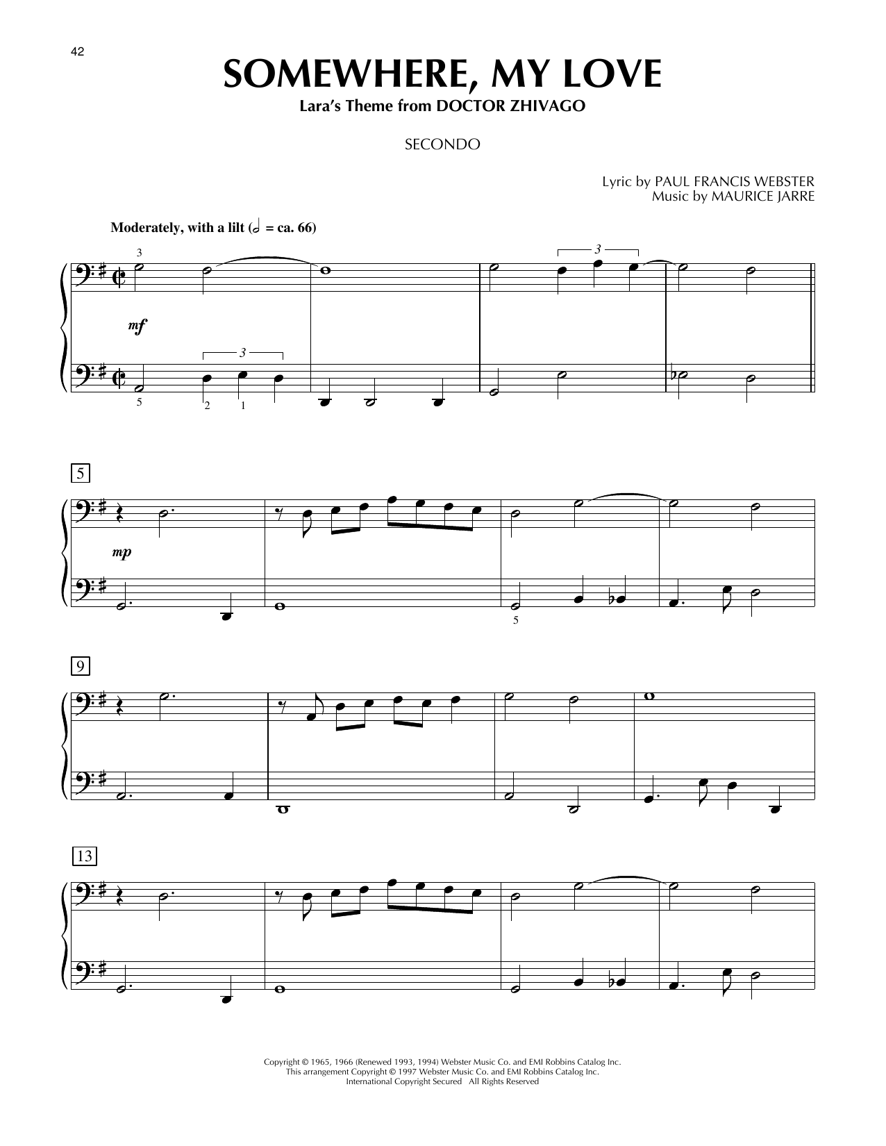 Paul Francis Webster Somewhere, My Love (from Doctor Zhivago) sheet music notes and chords arranged for Piano Duet