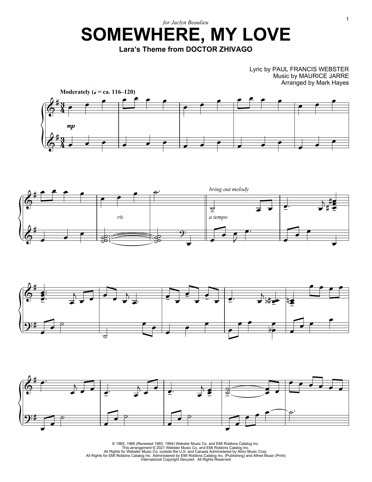 Paul Francis Webster Somewhere, My Love (Lara's Theme from Doctor Zhivago) (arr. Mark Hayes) sheet music notes and chords arranged for Piano Solo