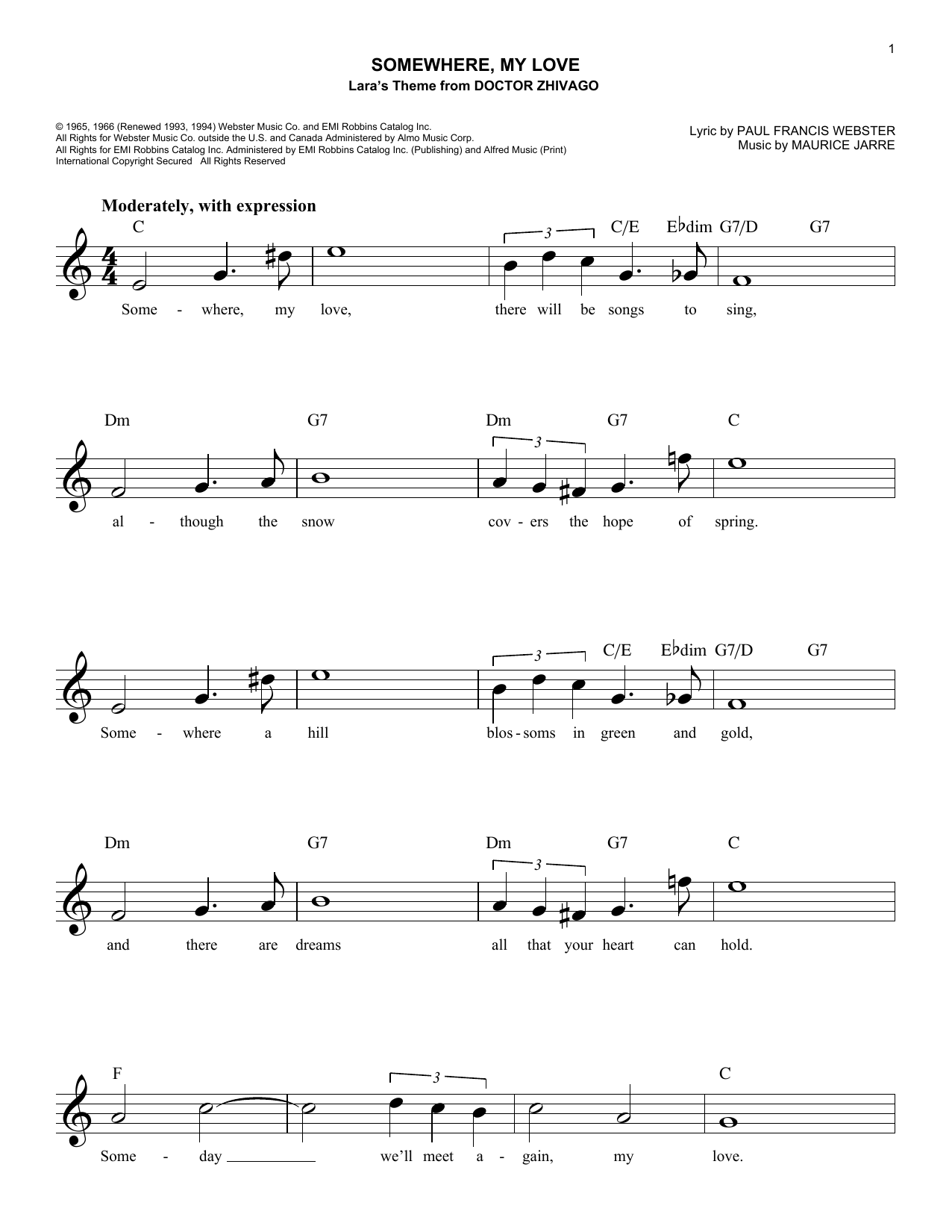 Paul Francis Webster Somewhere, My Love sheet music notes and chords arranged for Easy Lead Sheet / Fake Book
