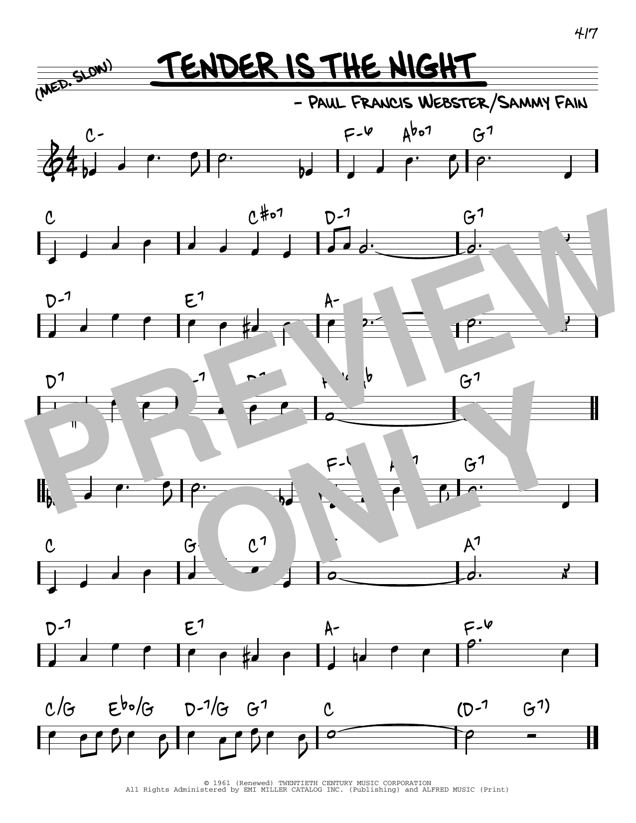 Paul Francis Webster Tender Is The Night sheet music notes and chords arranged for Real Book – Melody & Chords