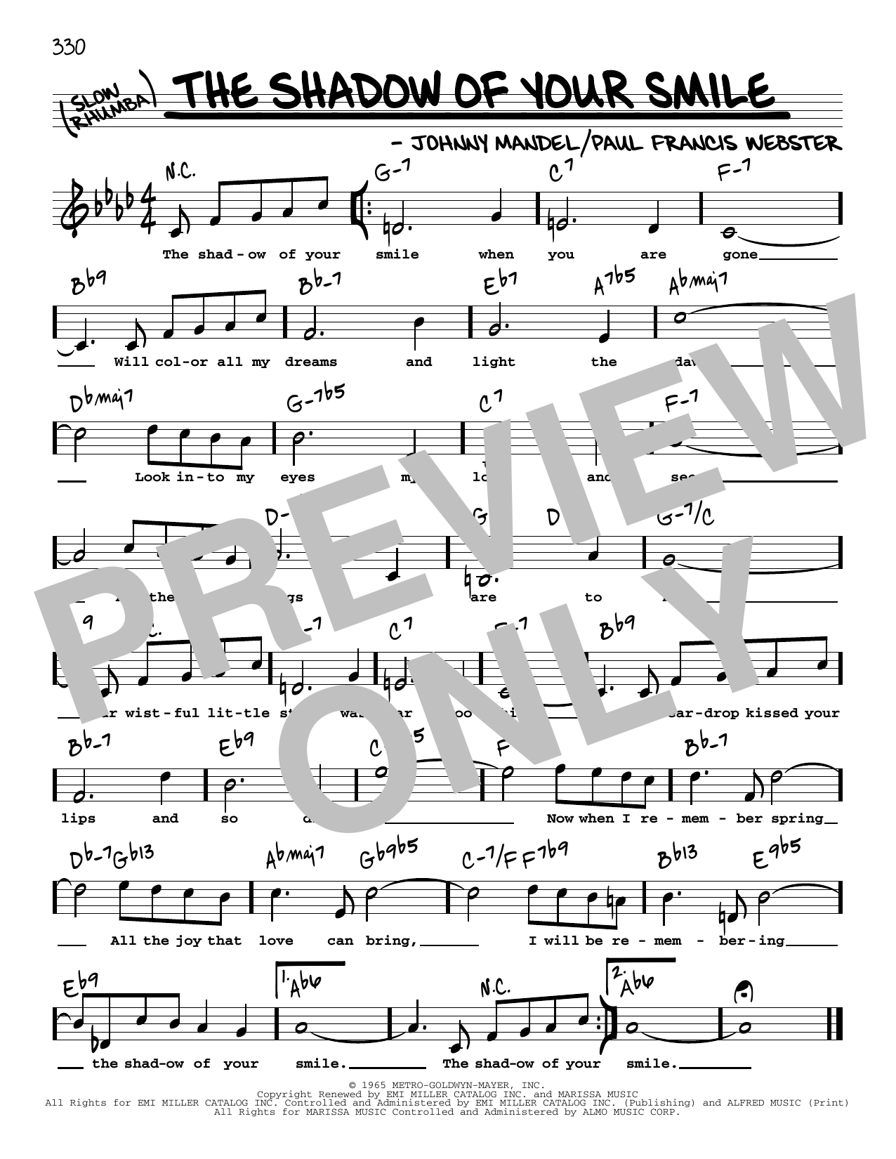 Paul Francis Webster The Shadow Of Your Smile (High Voice) sheet music notes and chords arranged for Real Book – Melody, Lyrics & Chords