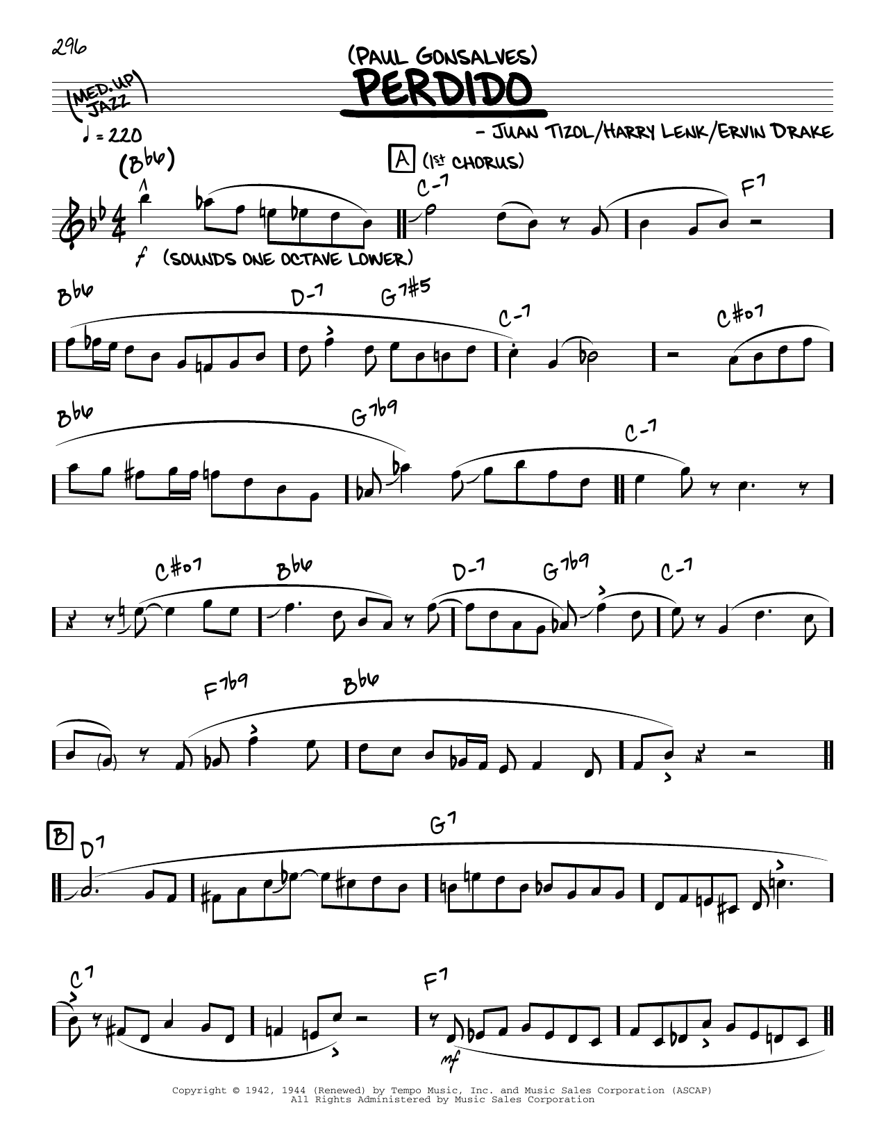 Paul Gonsalves Perdido (solo only) sheet music notes and chords arranged for Real Book – Melody & Chords