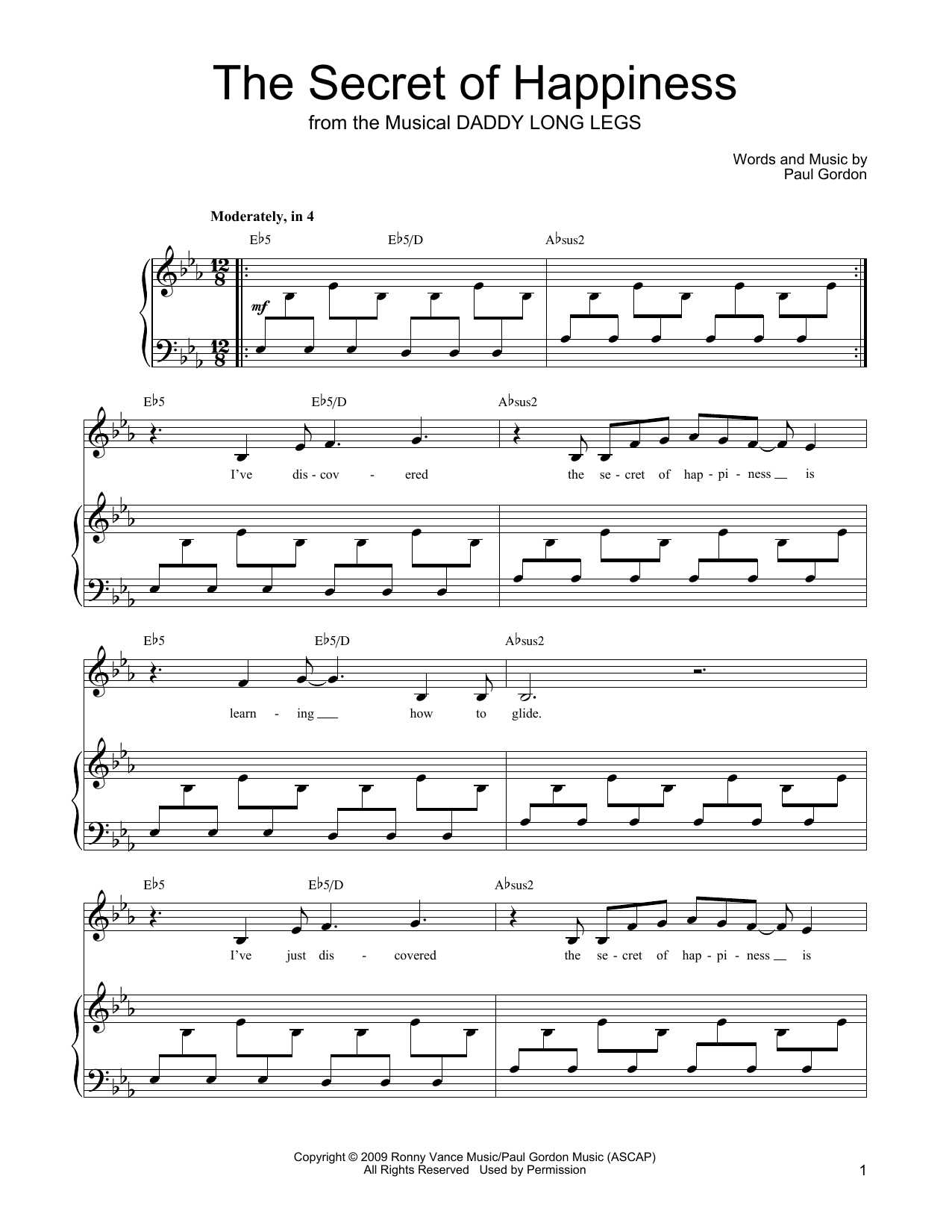 Paul Gordon The Secret Of Happiness (from Daddy Long Legs) sheet music notes and chords arranged for Piano, Vocal & Guitar Chords (Right-Hand Melody)