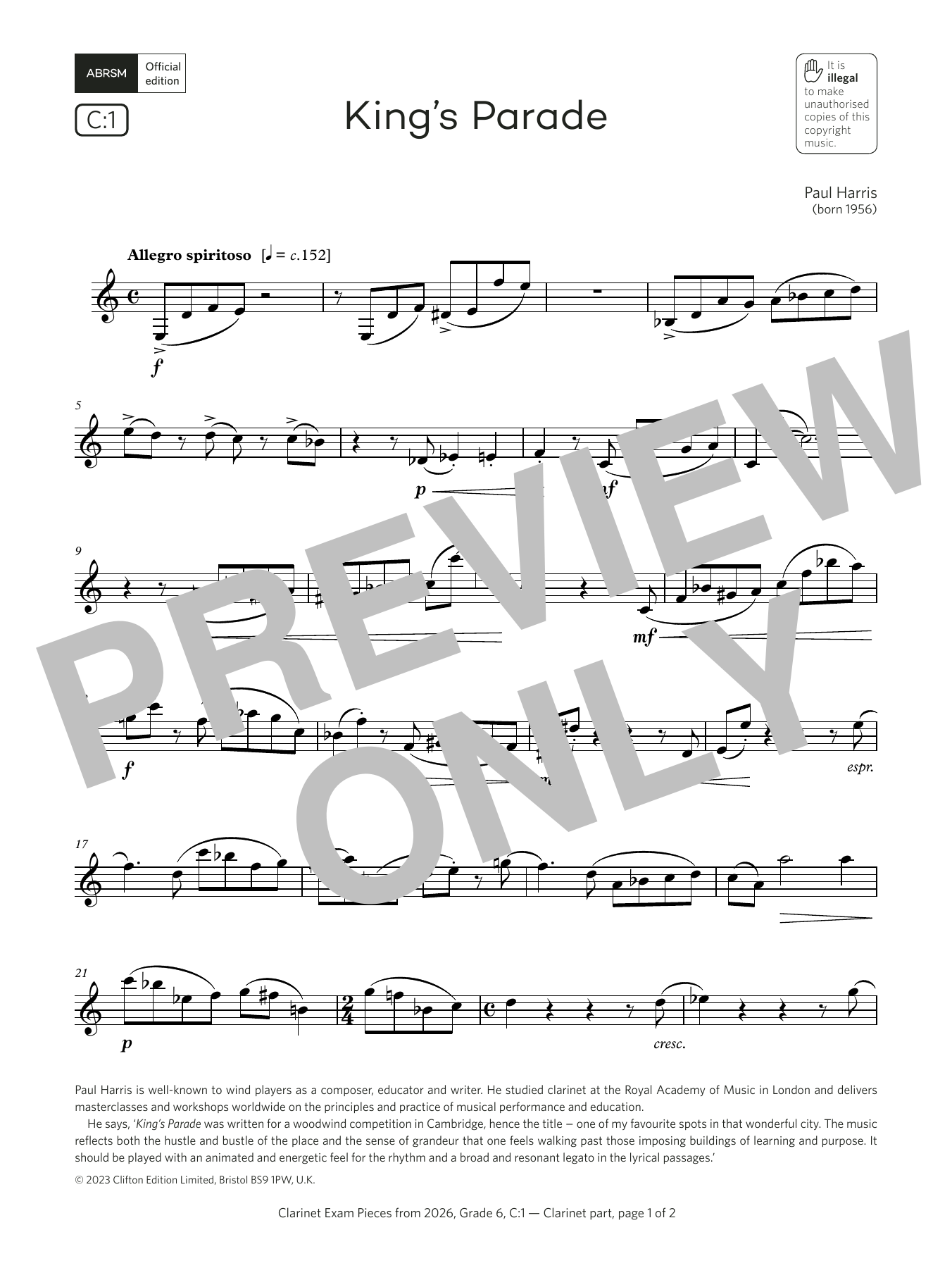 Paul Harris King's Parade (Grade 6, list C1, from the ABRSM Clarinet Syllabus from 2026) sheet music notes and chords arranged for Clarinet Solo