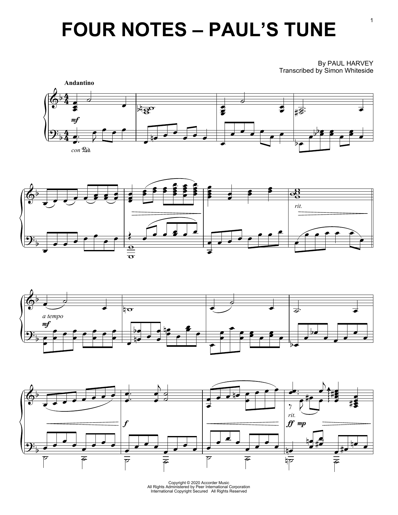 Paul Harvey Four Notes - Paul's Tune sheet music notes and chords arranged for Piano Solo