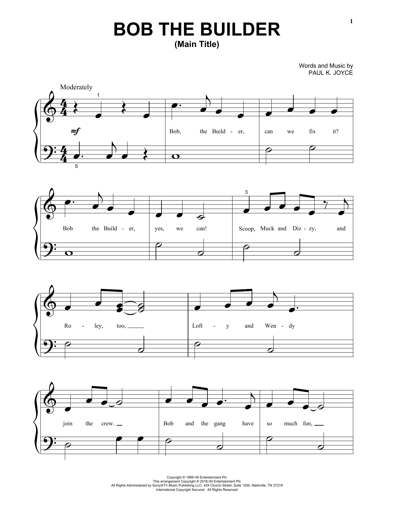 Paul K. Joyce Bob The Builder (Main Title) sheet music notes and chords arranged for 5-Finger Piano