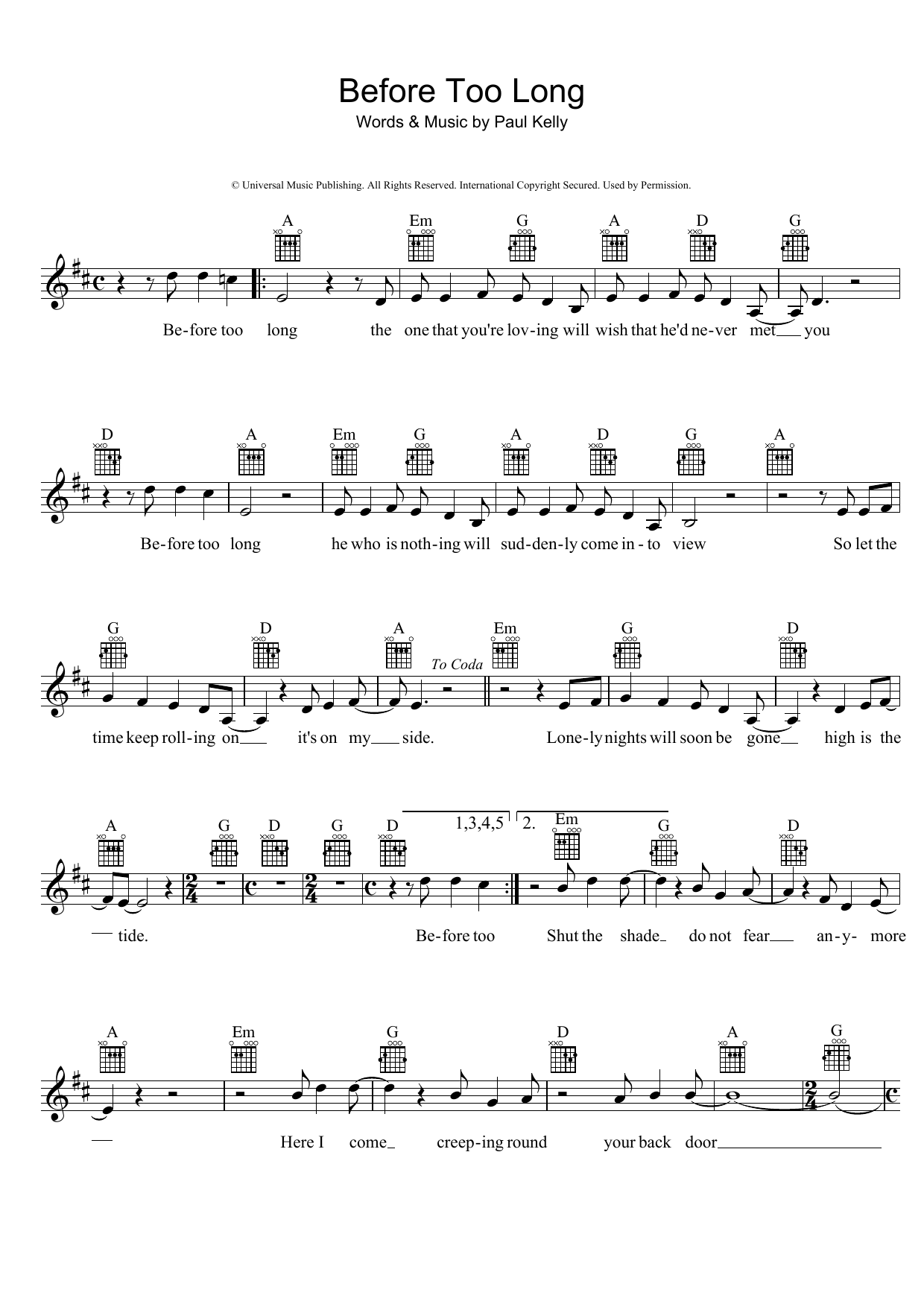 Paul Kelly Before Too Long sheet music notes and chords arranged for Lead Sheet / Fake Book