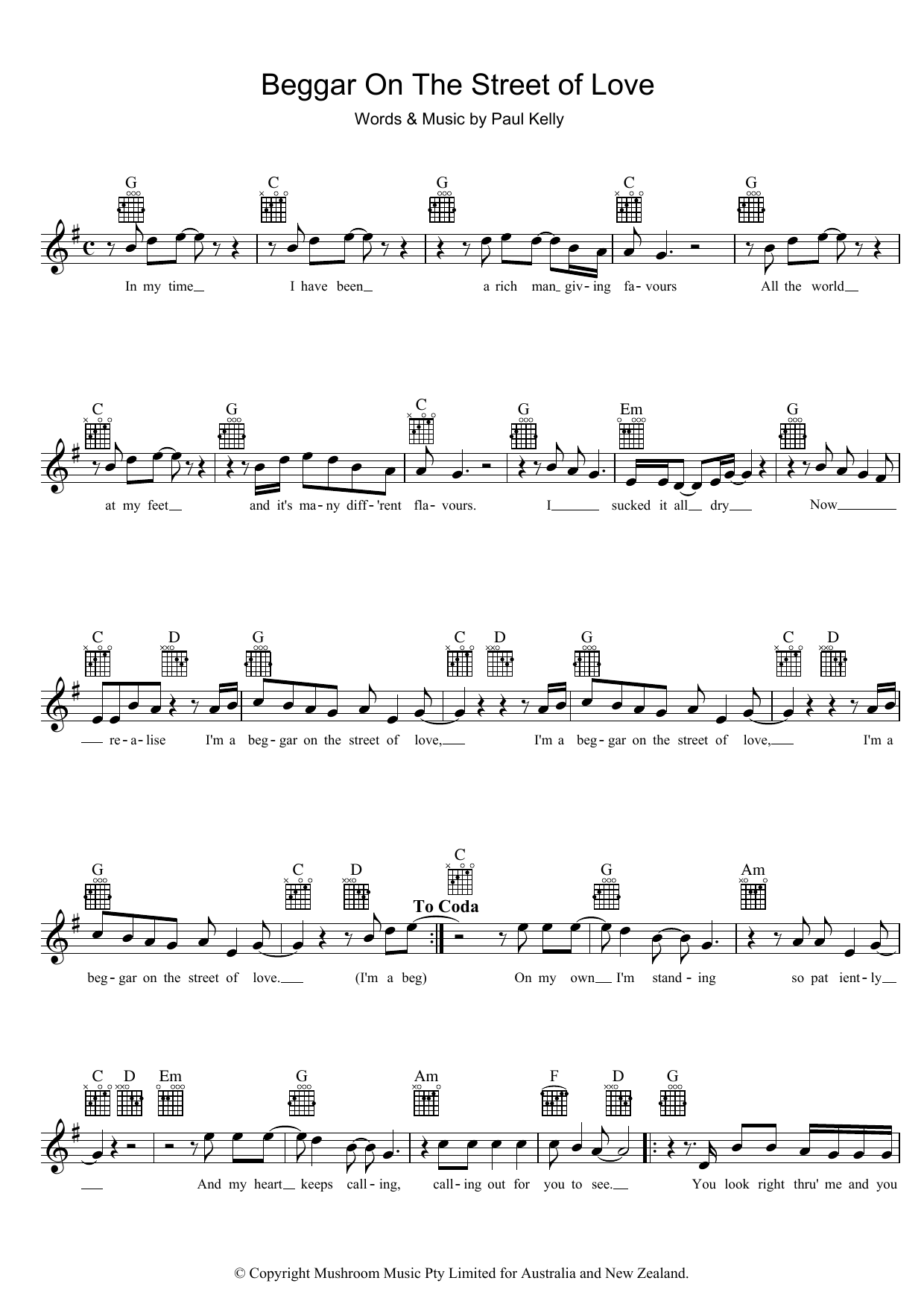 Paul Kelly Beggar On The Street Of Love sheet music notes and chords arranged for Lead Sheet / Fake Book