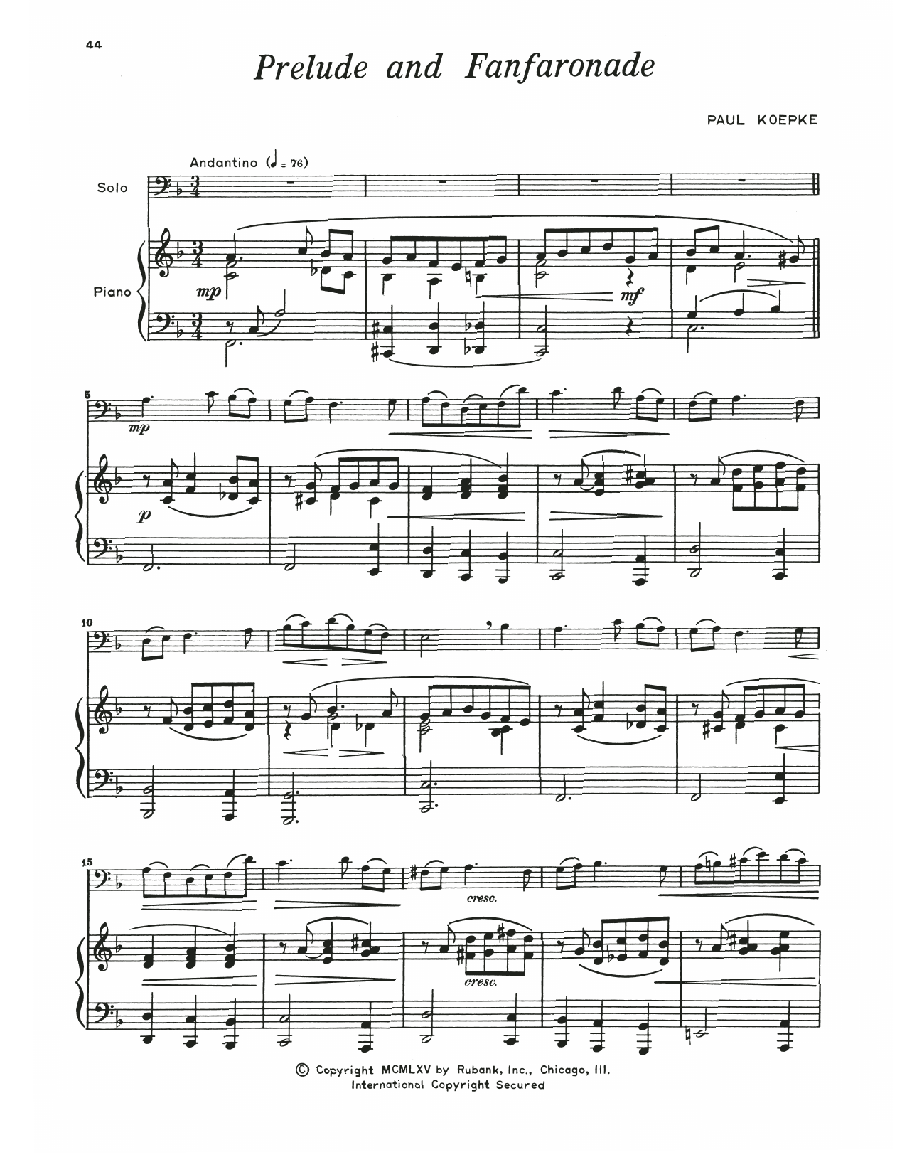 Paul Koepke Prelude & Fanfaronade sheet music notes and chords arranged for Trombone and Piano