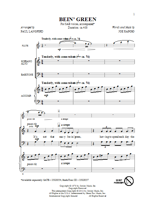 Paul Langford Bein' Green sheet music notes and chords arranged for SAB Choir
