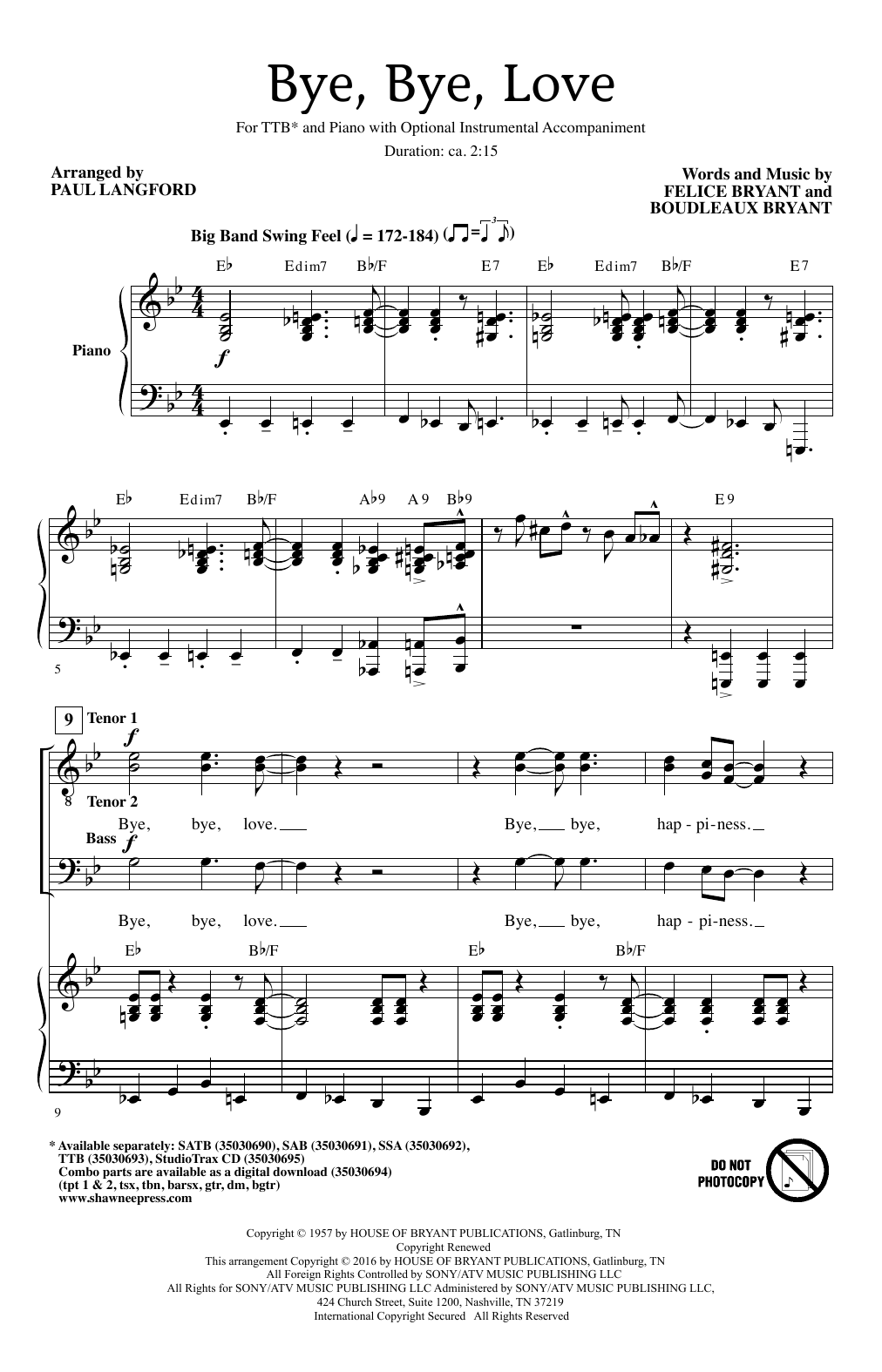 Paul Langford Bye Bye Love sheet music notes and chords arranged for SSA Choir