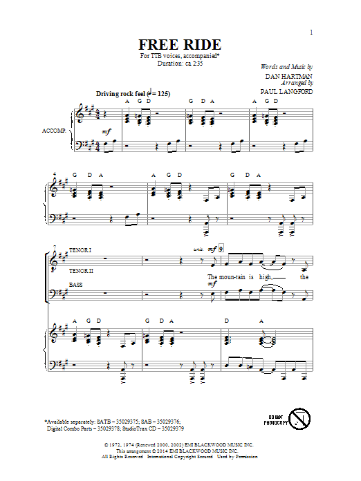 Paul Langford Free Ride sheet music notes and chords arranged for TTBB Choir
