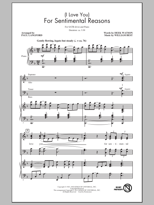 Paul Langford (I Love You) For Sentimental Reasons sheet music notes and chords arranged for SATB Choir