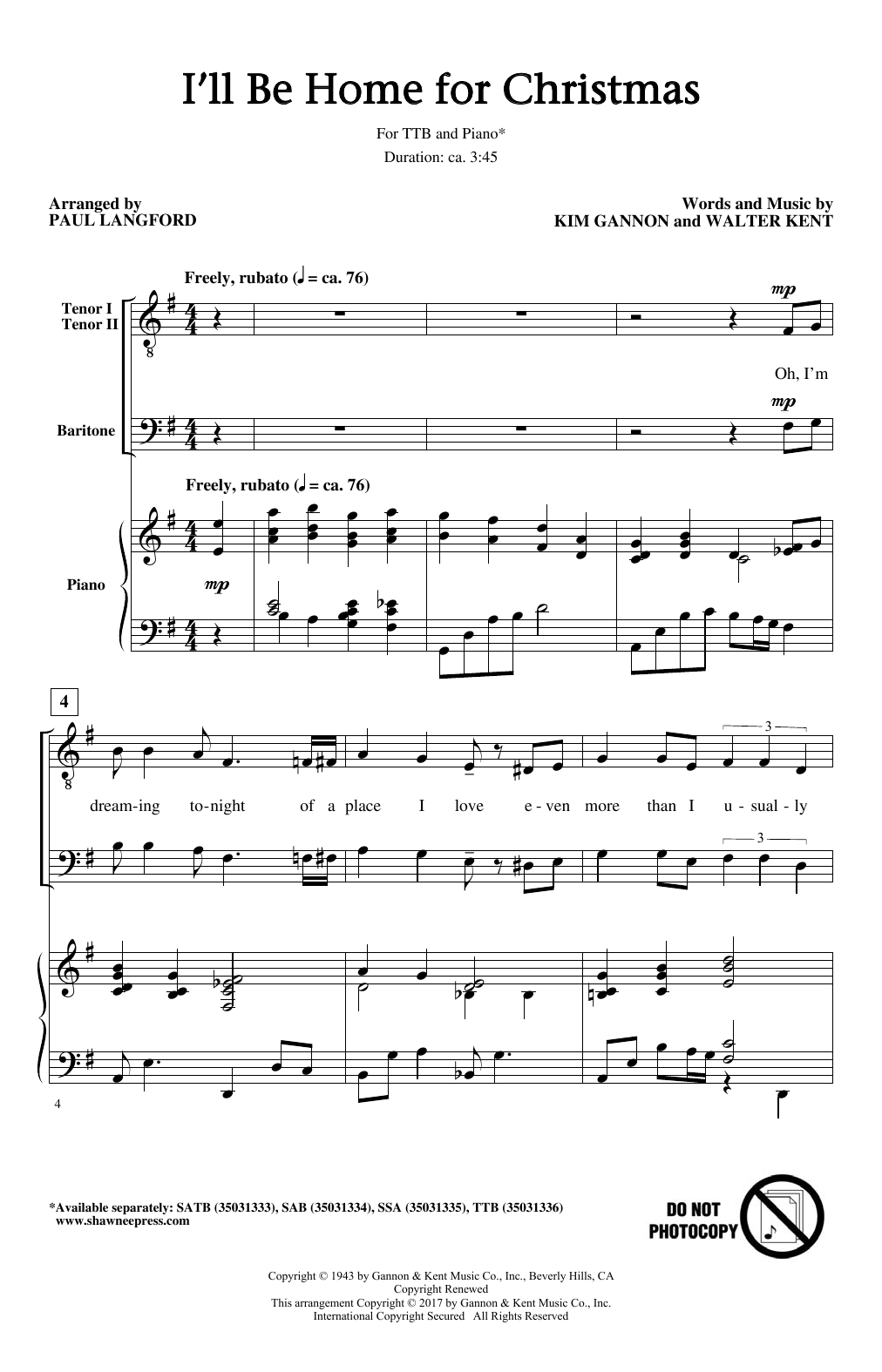 Paul Langford I'll Be Home For Christmas sheet music notes and chords arranged for SSA Choir