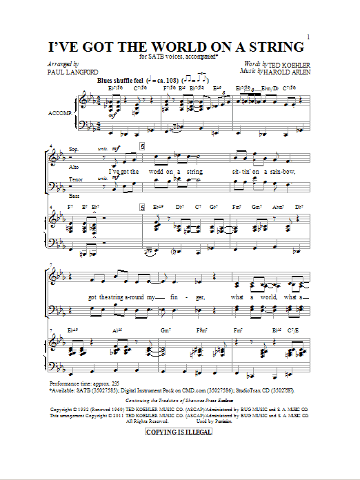 Paul Langford I've Got The World On A String sheet music notes and chords arranged for SATB Choir