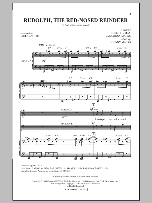 Paul Langford Rudolph The Red-Nosed Reindeer sheet music notes and chords arranged for SAB Choir