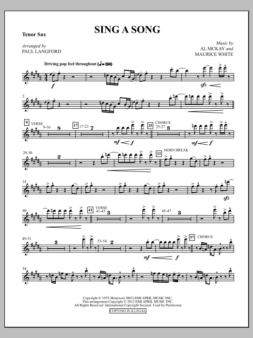 Paul Langford Sing A Song - Tenor Sax sheet music notes and chords arranged for Choir Instrumental Pak