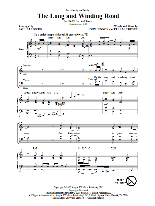 Paul Langford The Long And Winding Road sheet music notes and chords arranged for SATB Choir