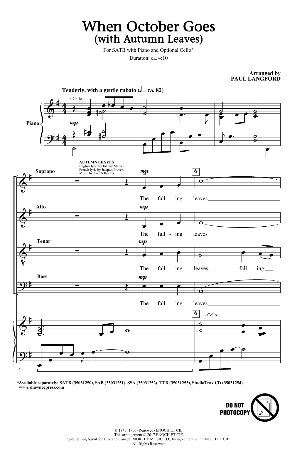 Paul Langford When October Goes (with Autumn Leaves) sheet music notes and chords arranged for SATB Choir