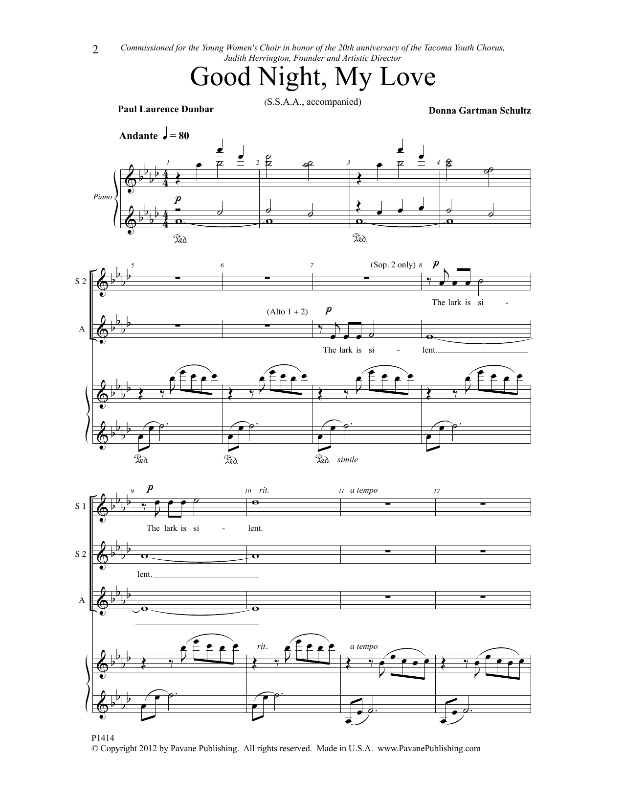 Paul Laurence Dunbar Good Night, My Love sheet music notes and chords arranged for SSAA Choir