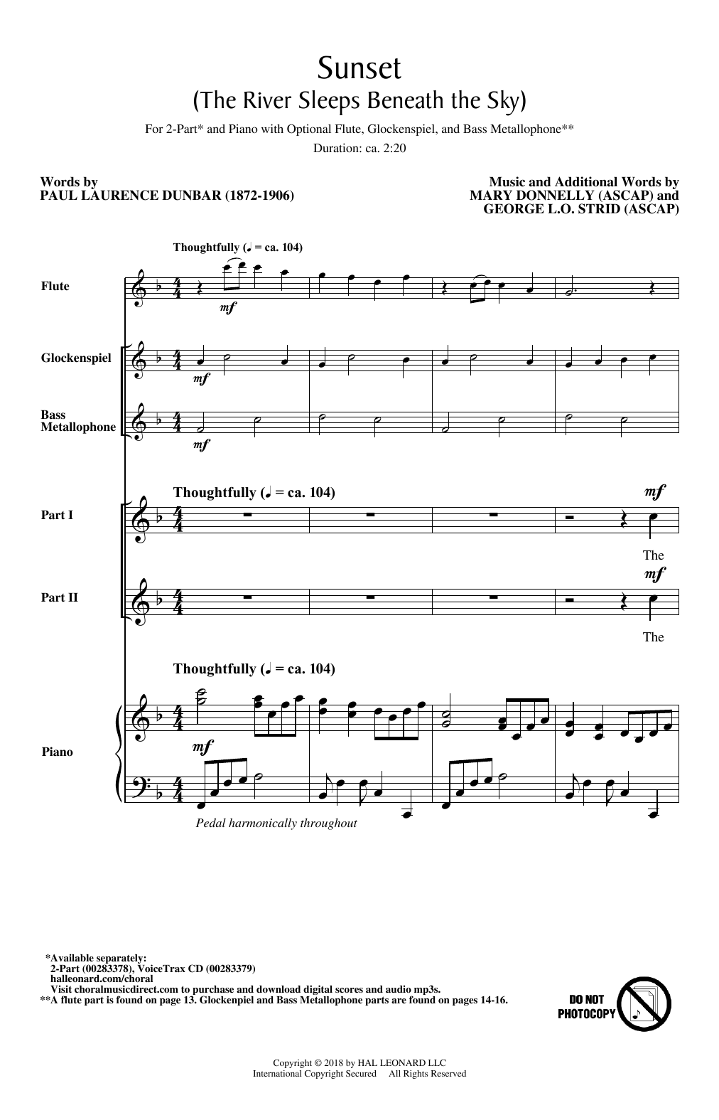 Paul Laurence Dunbar Sunset (The River Sleeps Beneath The Sky) sheet music notes and chords arranged for 2-Part Choir