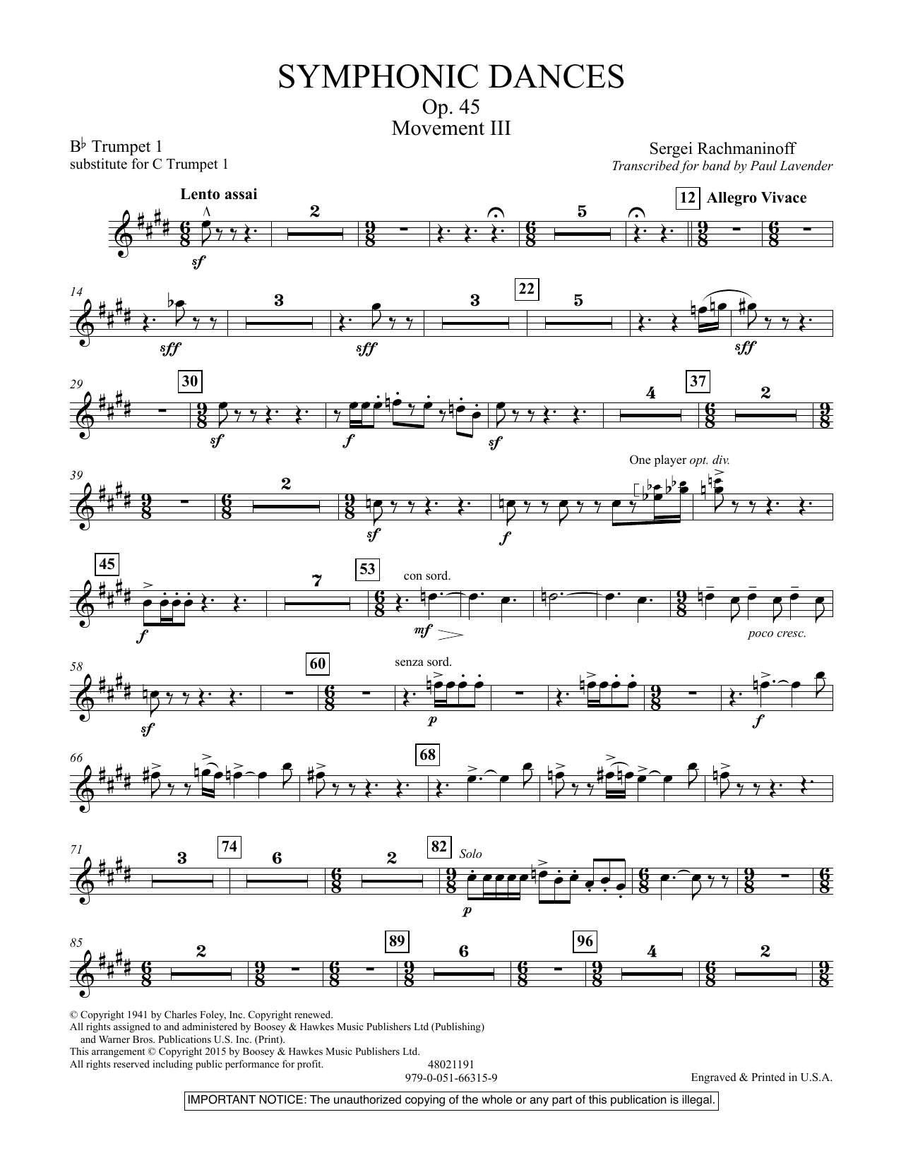 Paul Lavender Symphonic Dances, Op.45 - Bb Trumpet Parts - Digital Only - Bb Trumpet 1 (sub. C Tpt. 1) sheet music notes and chords arranged for Concert Band