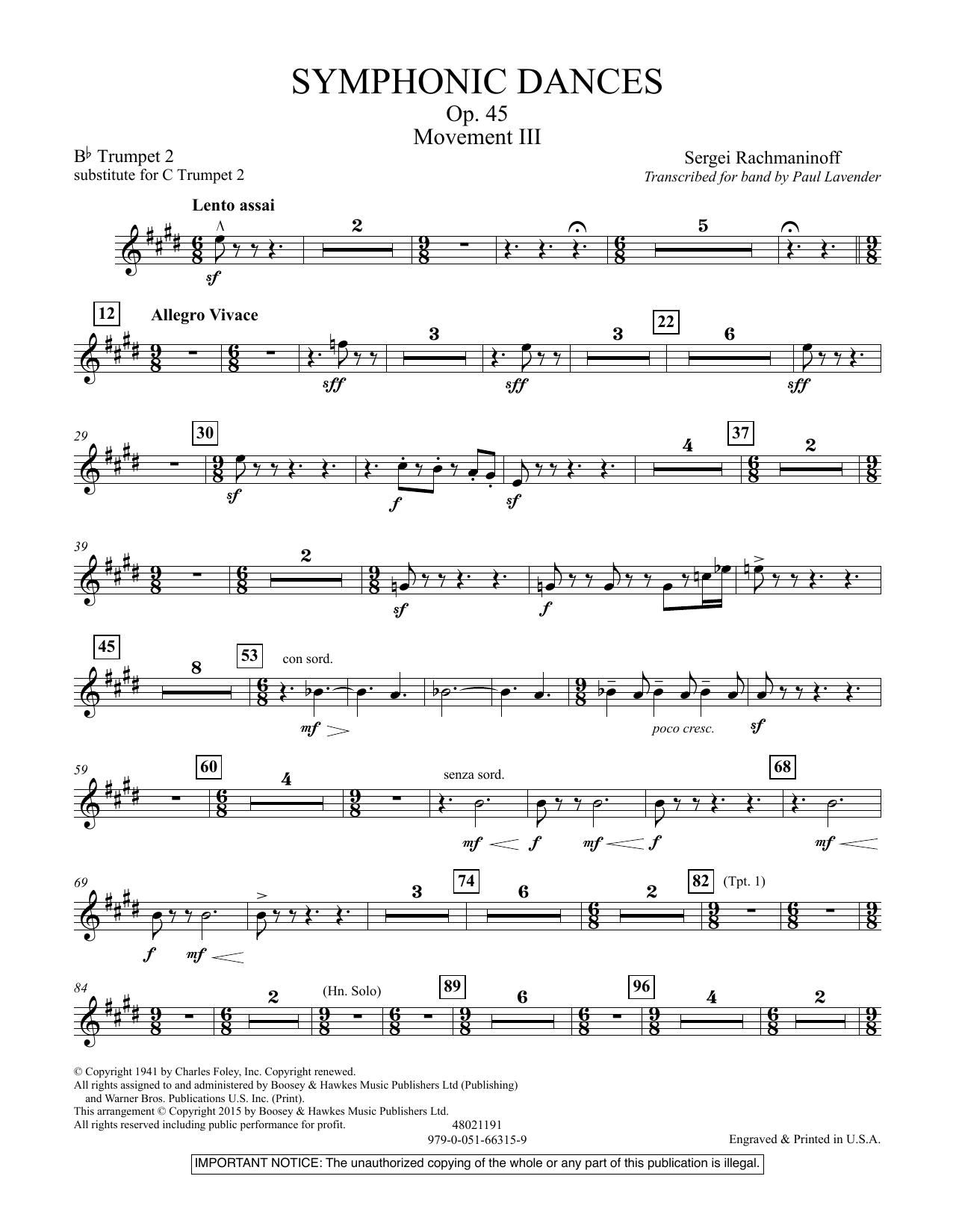 Paul Lavender Symphonic Dances, Op.45 - Bb Trumpet Parts - Digital Only - Bb Trumpet 2 (sub. C Tpt. 2) sheet music notes and chords arranged for Concert Band