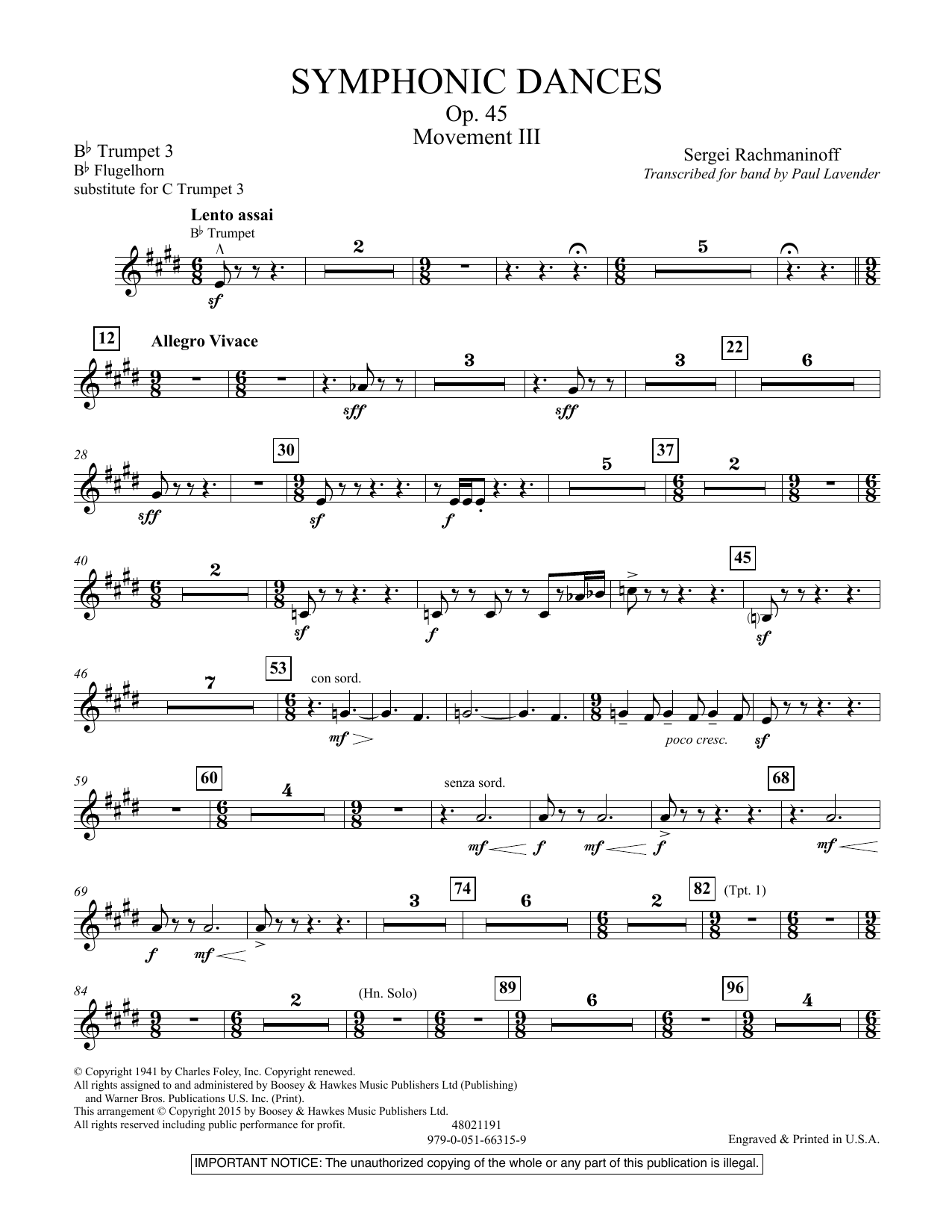 Paul Lavender Symphonic Dances, Op.45 - Bb Trumpet Parts - Digital Only - Bb Trumpet 3 (sub. C Tpt. 3) sheet music notes and chords arranged for Concert Band