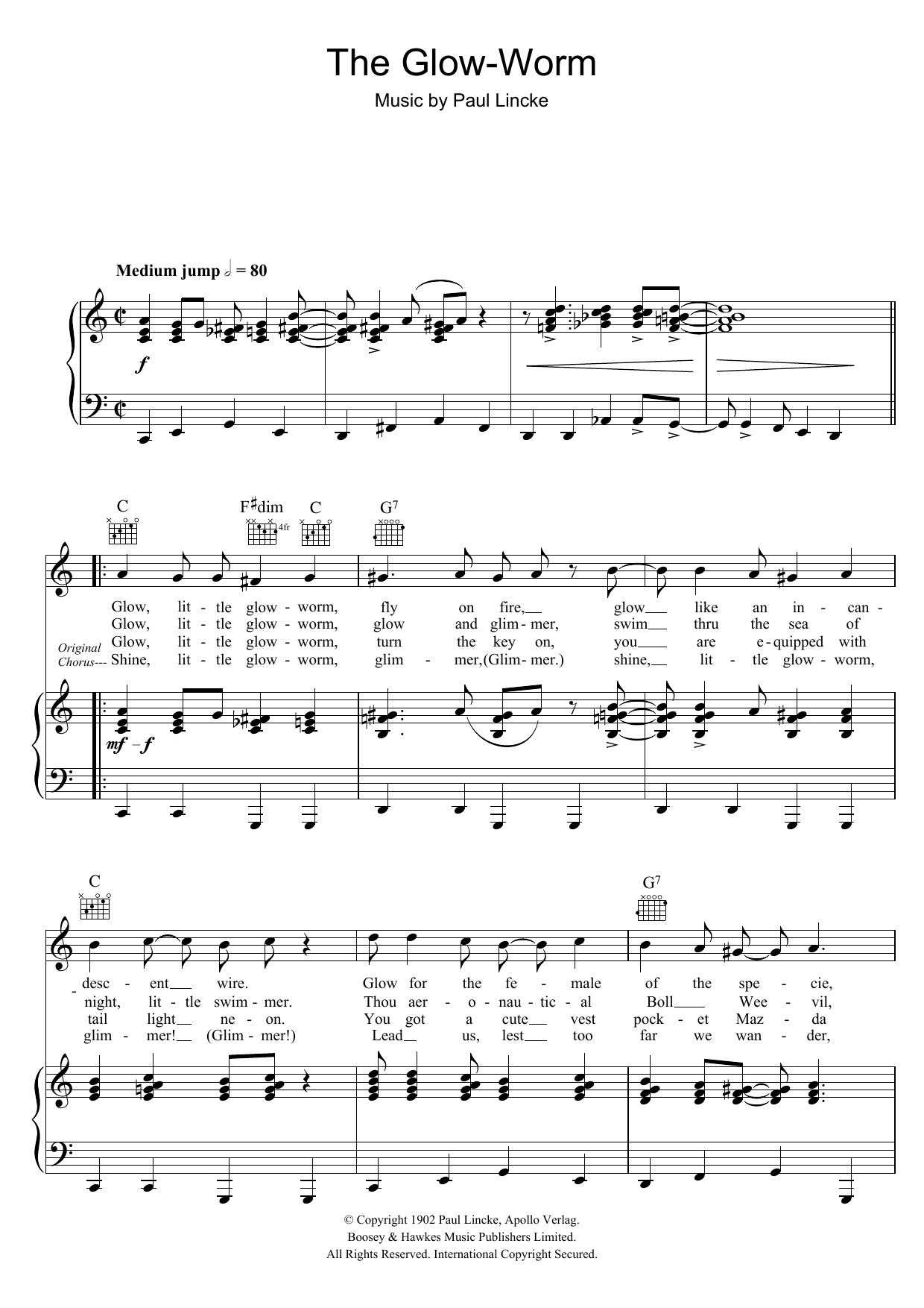Paul Lincke The Glow Worm sheet music notes and chords arranged for Piano, Vocal & Guitar Chords (Right-Hand Melody)