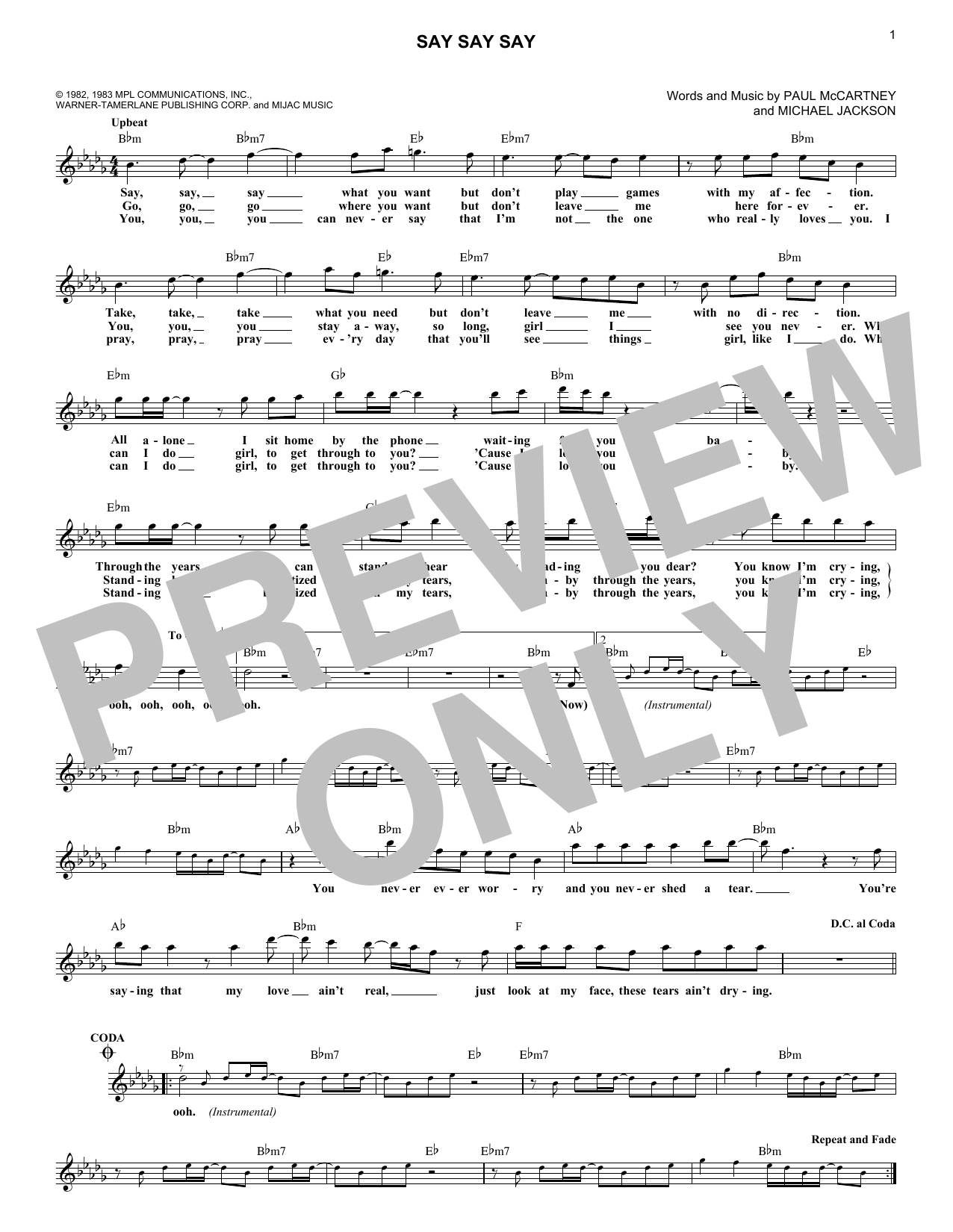 Paul McCartney & Michael Jackson Say Say Say sheet music notes and chords arranged for Real Book – Melody, Lyrics & Chords