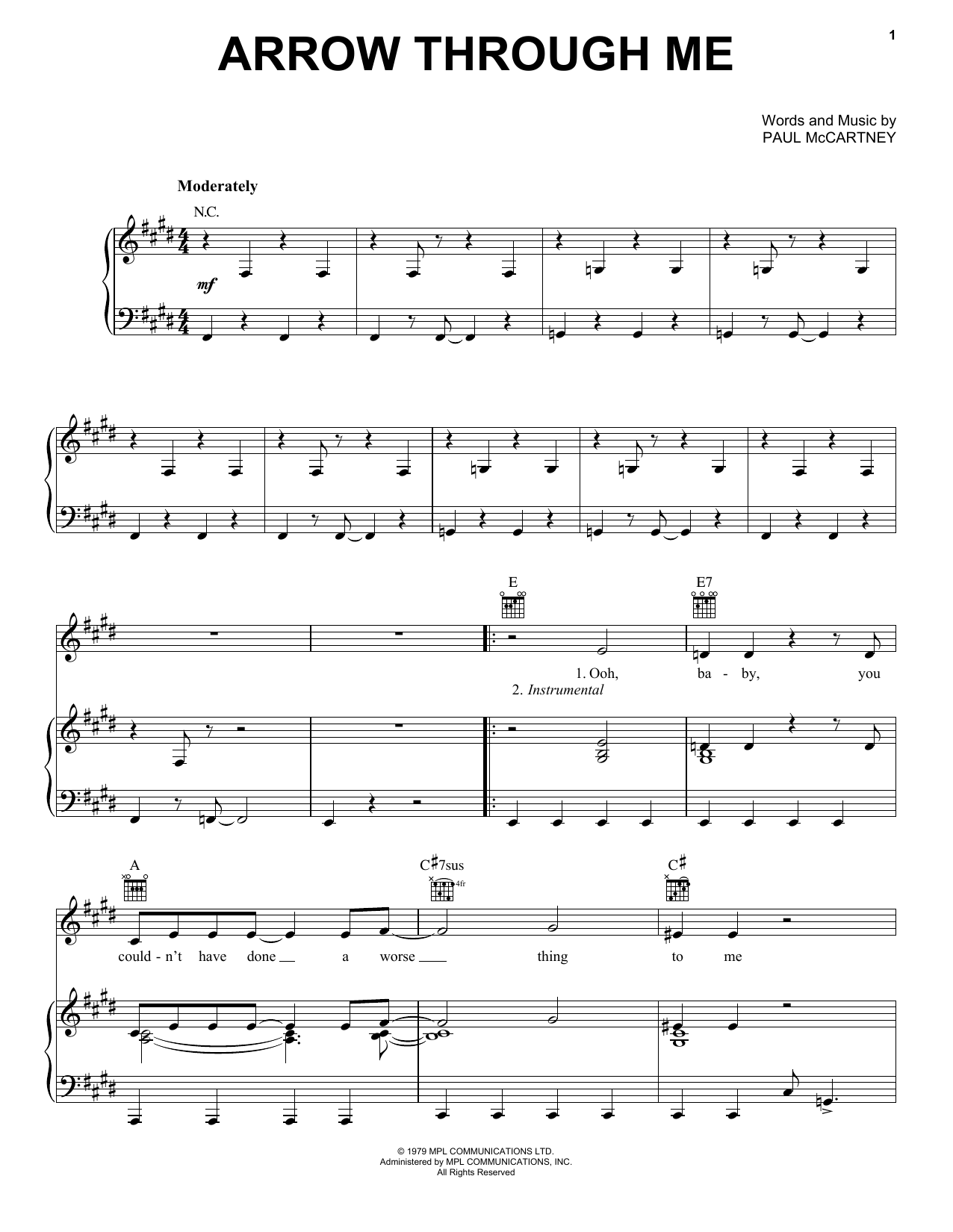Paul McCartney & Wings Arrow Through Me sheet music notes and chords arranged for Piano, Vocal & Guitar Chords (Right-Hand Melody)