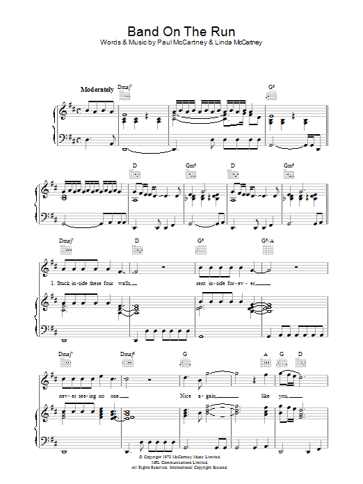 Paul McCartney & Wings Band On The Run sheet music notes and chords arranged for Piano, Vocal & Guitar Chords (Right-Hand Melody)