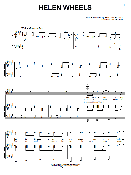 Paul McCartney & Wings Helen Wheels sheet music notes and chords arranged for Piano, Vocal & Guitar Chords (Right-Hand Melody)