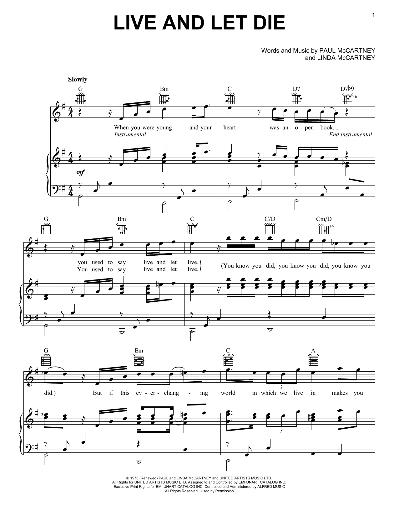 Paul McCartney & Wings Live And Let Die sheet music notes and chords arranged for Piano, Vocal & Guitar Chords (Right-Hand Melody)
