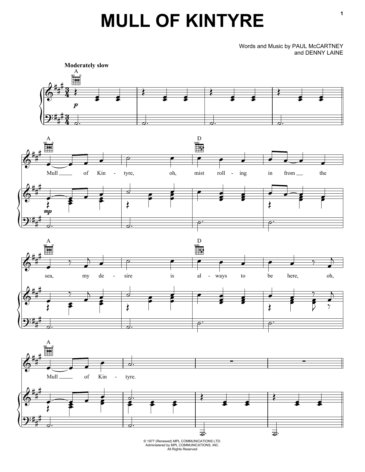Paul McCartney & Wings Mull Of Kintyre sheet music notes and chords arranged for 5-Finger Piano